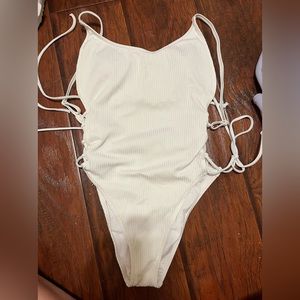 PINK white open back one piece swimsuit, sides lace up size small
